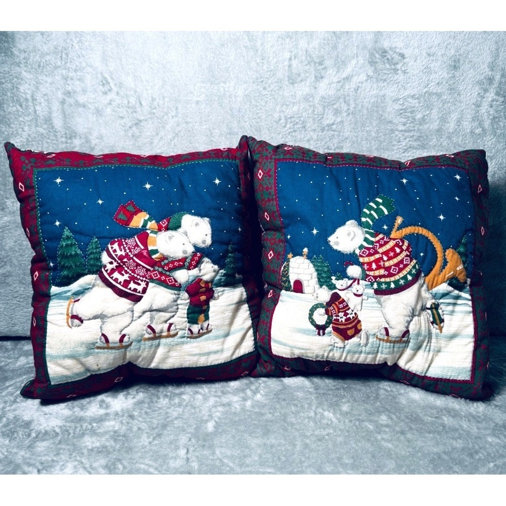Polar Bear Christmas Vintage‎ Throw Pillows Set of 2 Quilted Reversible 12x12